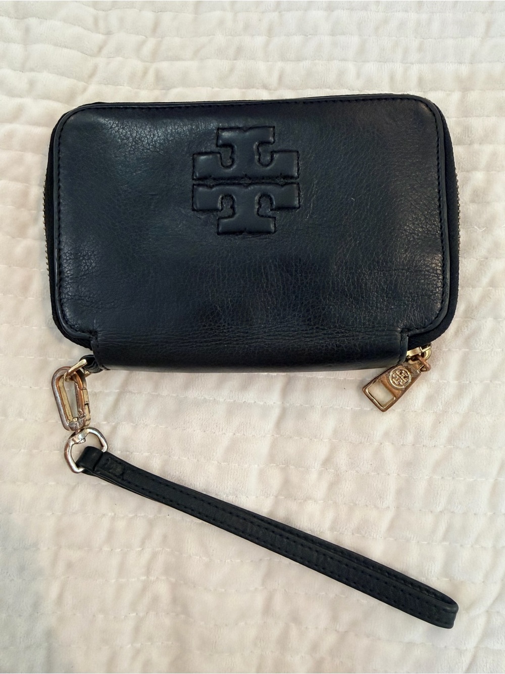 Tory Burch Black Leather Wristlet with Gold Hardware